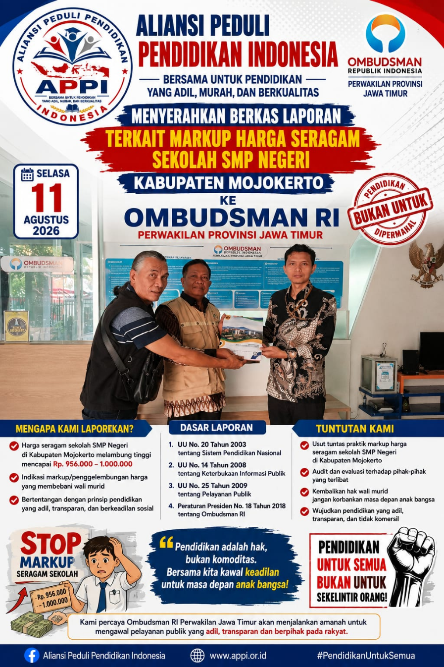 Penjualan Kain Seragam SMPN di Kab. Mojokerto, di Laporkan APPI Keperwakilan Ombudsman Jatim